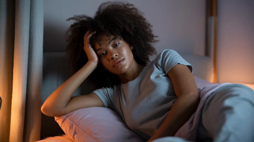 a young Black woman lying in bed with her hand covering her face