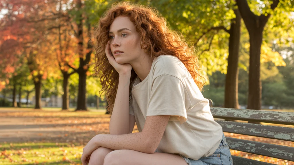 a young woman sitting on a wooden park bench during golden hour