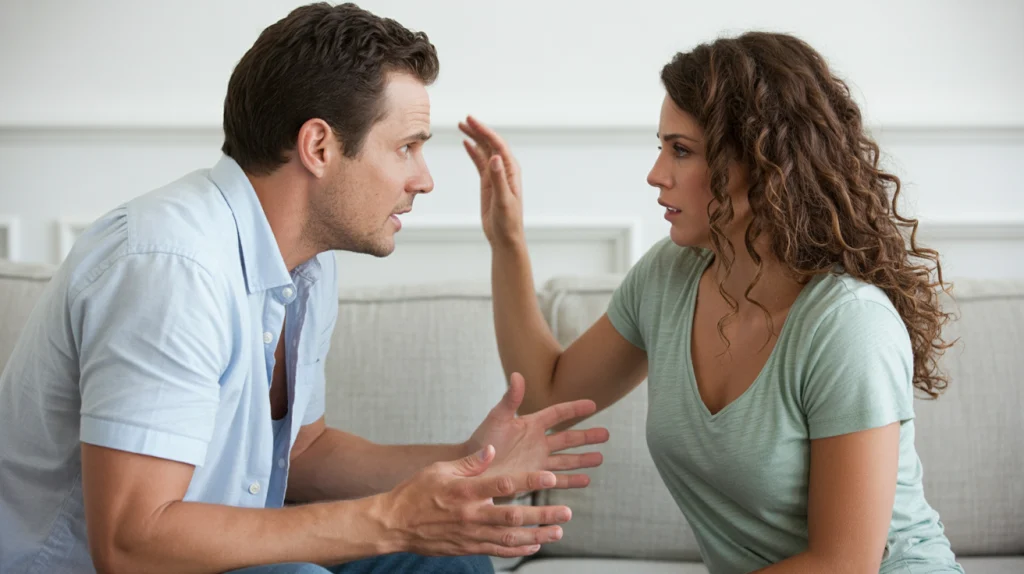 couple having an argument on a light gray couch