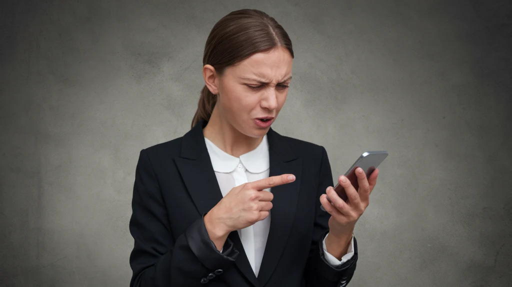 A woman with a stern expression, wearing a black blazer and white shirt. She is pointing her finger at a mobile phone she holds in her other hand