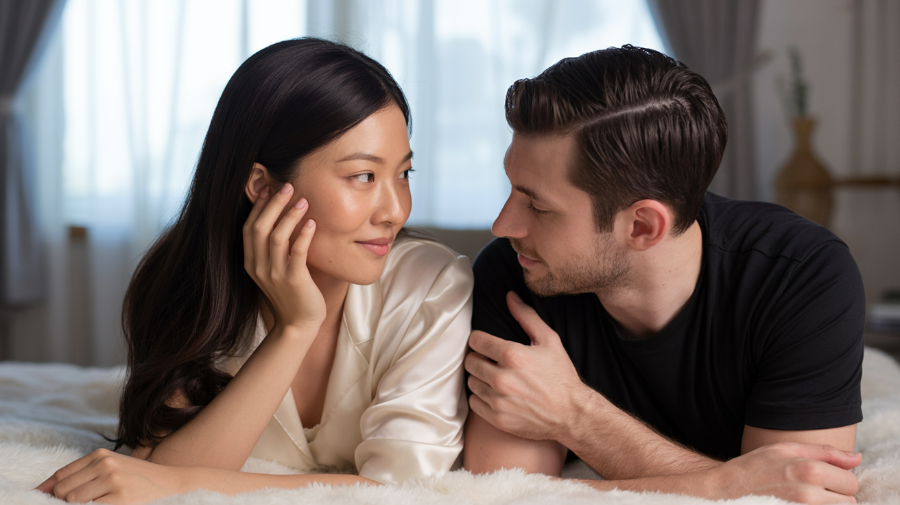 a couple sharing an affectionate moment on a white bed